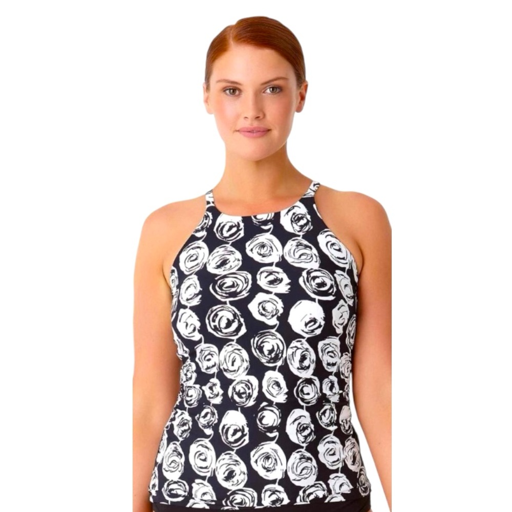 Anne Cole Women’s Black with White Roses Coming Up High Neck Tankini Top Large